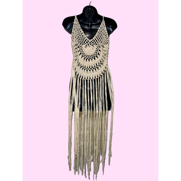 New Small Khaki‎ Beige Knit Fringe Crochet Swimsuit Cover Up Maxi Dress Beach - Picture 5 of 5